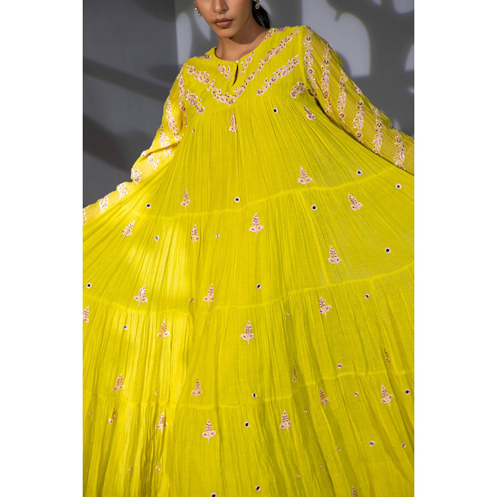 Shweta Dabas Neon Green Tiered Embroidered Anarkali with Pant and Dupatta (Set of 3)