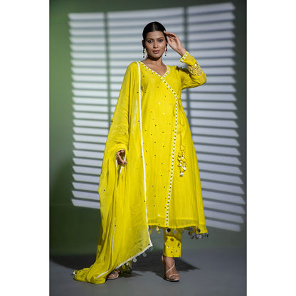 Shweta Dabas Yellow Embroidered A-Line Angrakha Kurta with Pant and Dupatta (Set of 3)