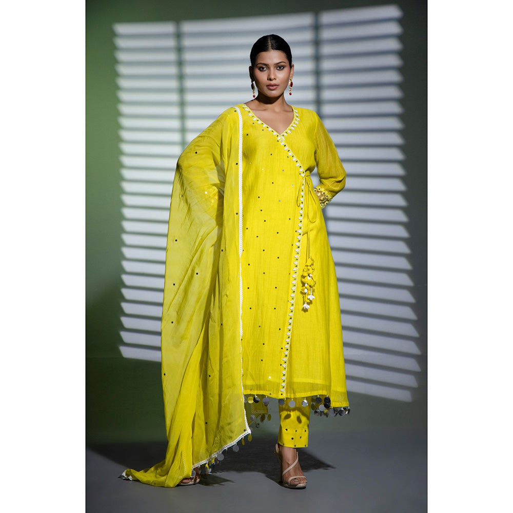 Shweta Dabas Yellow Embroidered A-Line Angrakha Kurta with Pant and Dupatta (Set of 3)