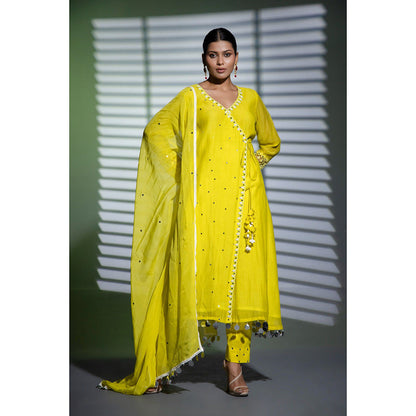 Shweta Dabas Yellow Embroidered A-Line Angrakha Kurta with Pant and Dupatta (Set of 3)