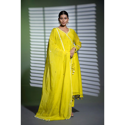 Shweta Dabas Yellow Embroidered A-Line Angrakha Kurta with Pant and Dupatta (Set of 3)