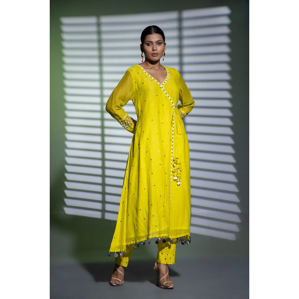 Shweta Dabas Yellow Embroidered A-Line Angrakha Kurta with Pant and Dupatta (Set of 3)