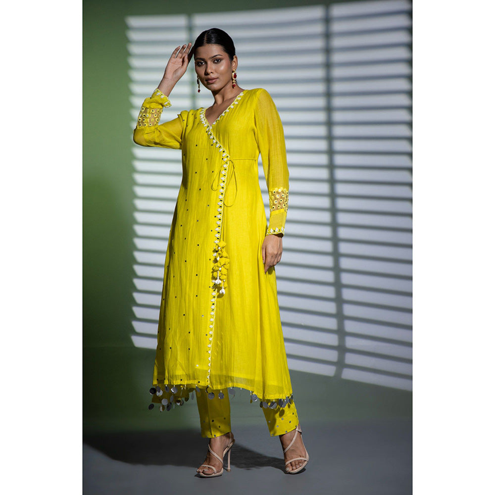 Shweta Dabas Yellow Embroidered A-Line Angrakha Kurta with Pant and Dupatta (Set of 3)