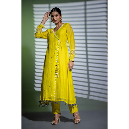 Shweta Dabas Yellow Embroidered A-Line Angrakha Kurta with Pant and Dupatta (Set of 3)