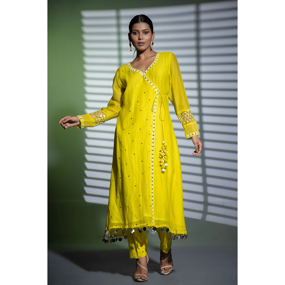 Shweta Dabas Yellow Embroidered A-Line Angrakha Kurta with Pant and Dupatta (Set of 3)