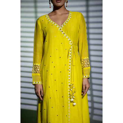 Shweta Dabas Yellow Embroidered A-Line Angrakha Kurta with Pant and Dupatta (Set of 3)