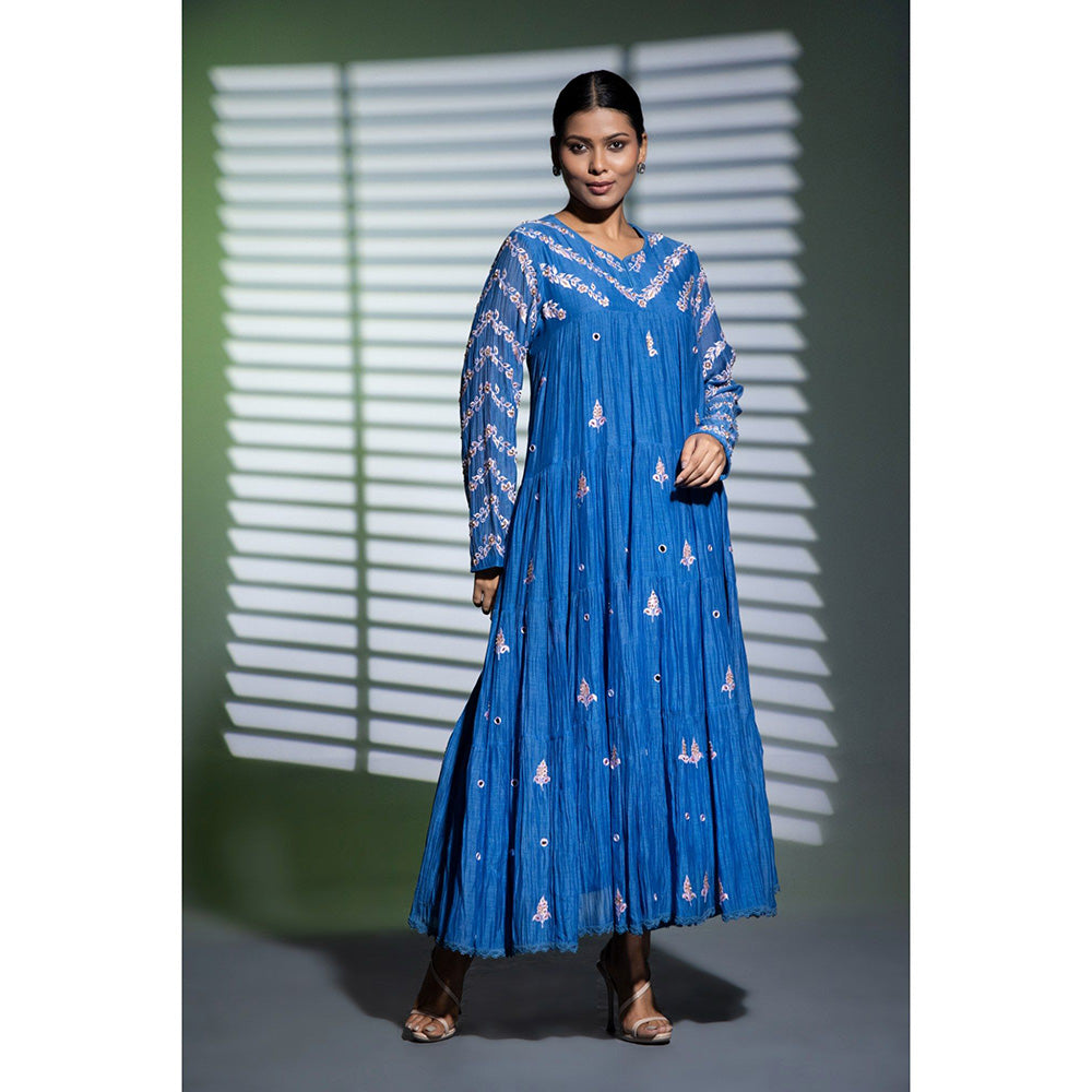 Shweta Dabas Blue Tiered Embroidered Anarkali with Pant and Dupatta (Set of 3)