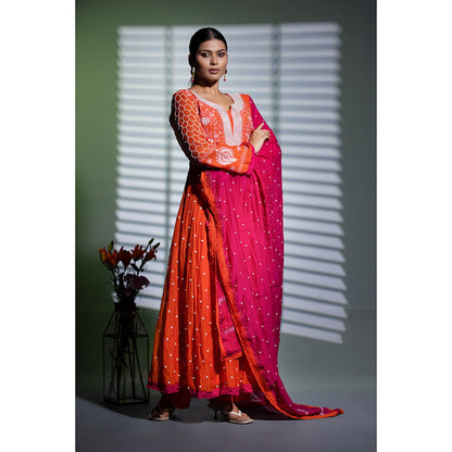 Shweta Dabas Kesariya Embroidered Anarkali with Pant and Dupatta (Set of 3)