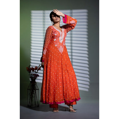 Shweta Dabas Kesariya Embroidered Anarkali with Pant and Dupatta (Set of 3)