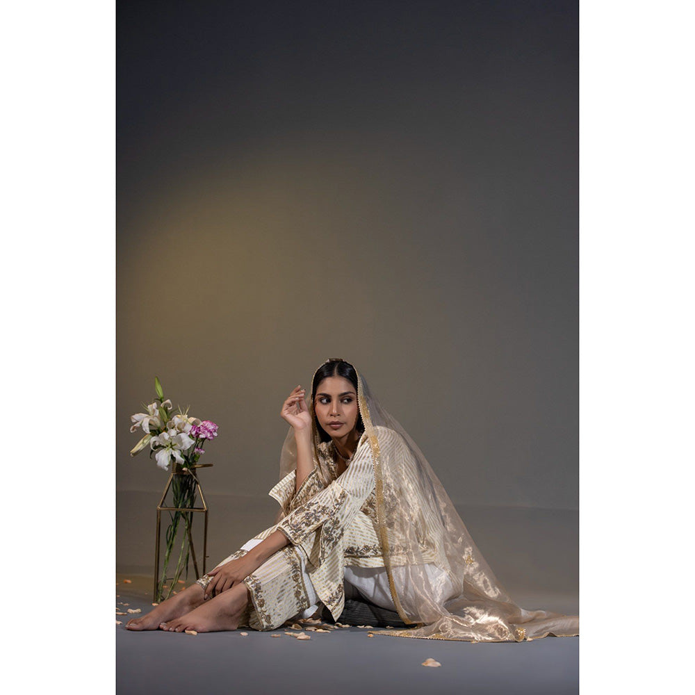 Shweta Dabas Ivory Pure Tissue Stripes Kurta with Pant and Dupatta (Set of 3)