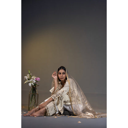 Shweta Dabas Ivory Pure Tissue Stripes Kurta with Pant and Dupatta (Set of 3)