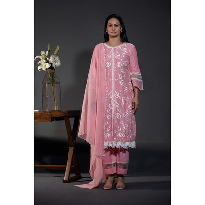 Shweta Dabas Pink Rose Laces Pure Chanderi Kurta with Pant and Dupatta (Set of 3)