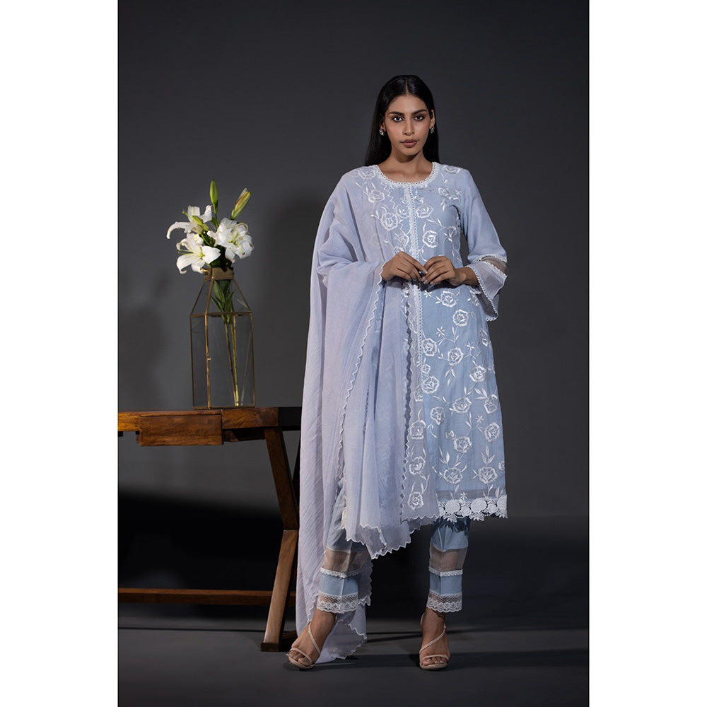 Shweta Dabas Blue Rose Laces Pure Chanderi Kurta with Pant and Dupatta (Set of 3)