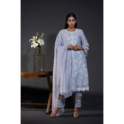 Shweta Dabas Blue Rose Laces Pure Chanderi Kurta with Pant and Dupatta (Set of 3)