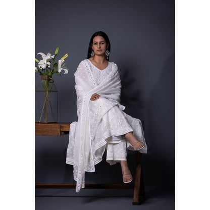Shweta Dabas Serine White Embroidered Anarkali with Palazzo and Dupatta (Set of 3)