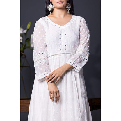 Shweta Dabas Serine White Embroidered Anarkali with Palazzo and Dupatta (Set of 3)