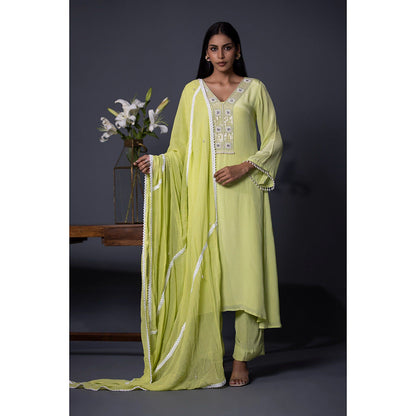 Shweta Dabas Apple Green Embroidered Anarkali with Pant and Dupatta (Set of 3)