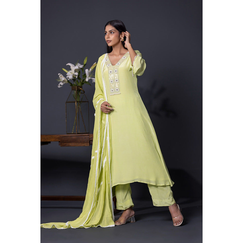 Shweta Dabas Apple Green Embroidered Anarkali with Pant and Dupatta (Set of 3)