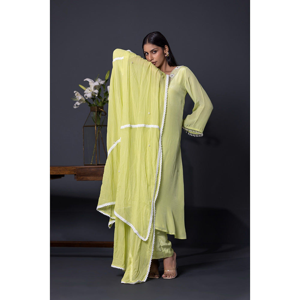 Shweta Dabas Apple Green Embroidered Anarkali with Pant and Dupatta (Set of 3)