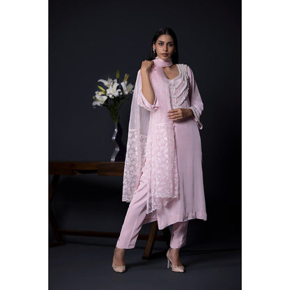 Shweta Dabas Pink Crepe Pearl Kurta with Pant and Dupatta (Set of 3)