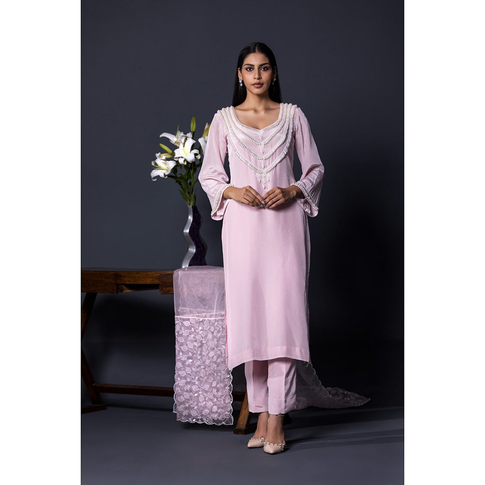 Shweta Dabas Pink Crepe Pearl Kurta with Pant and Dupatta (Set of 3)