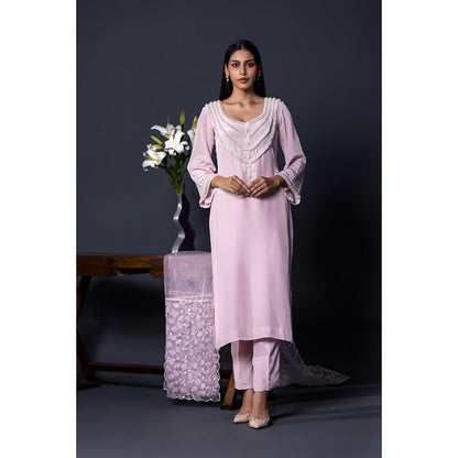 Shweta Dabas Pink Crepe Pearl Kurta with Pant and Dupatta (Set of 3)