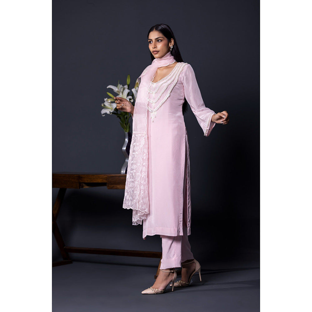 Shweta Dabas Pink Crepe Pearl Kurta with Pant and Dupatta (Set of 3)