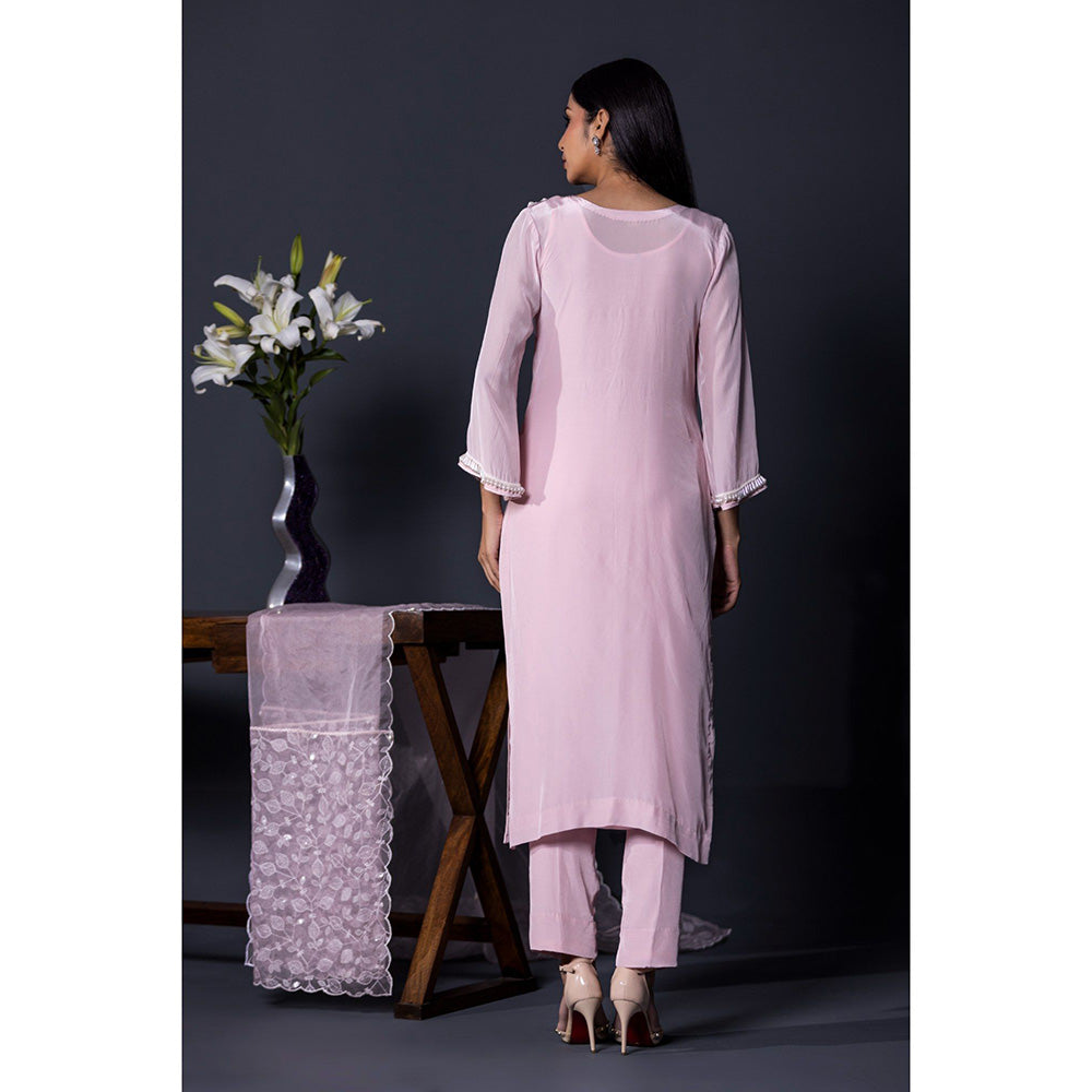 Shweta Dabas Pink Crepe Pearl Kurta with Pant and Dupatta (Set of 3)
