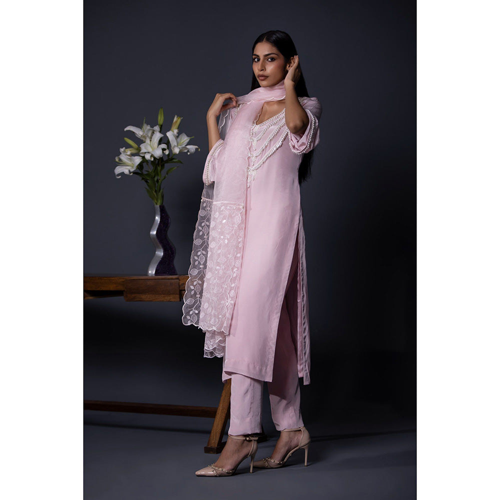 Shweta Dabas Pink Crepe Pearl Kurta with Pant and Dupatta (Set of 3)