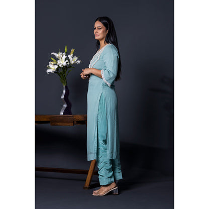 Shweta Dabas Sea Blue Pearl Kurta with Pant and Dupatta (Set of 3)