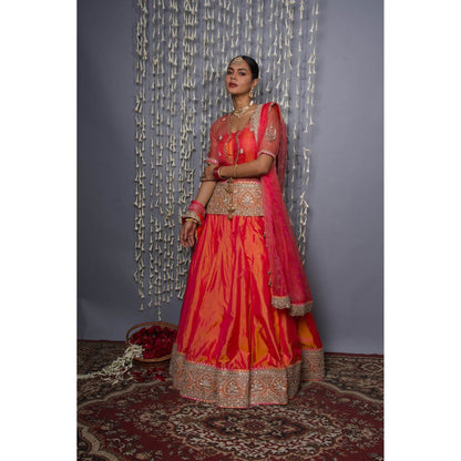 Shweta Dabas Orange Silk Lehenga with Blouse, Choli and Dupatta (Set of 4)