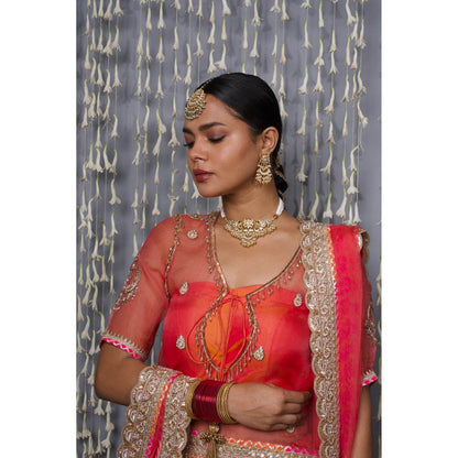 Shweta Dabas Orange Silk Lehenga with Blouse, Choli and Dupatta (Set of 4)