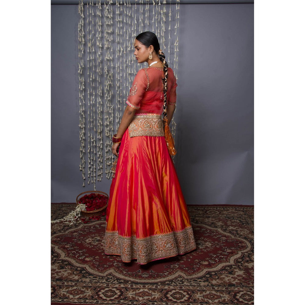 Shweta Dabas Orange Silk Lehenga with Blouse, Choli and Dupatta (Set of 4)