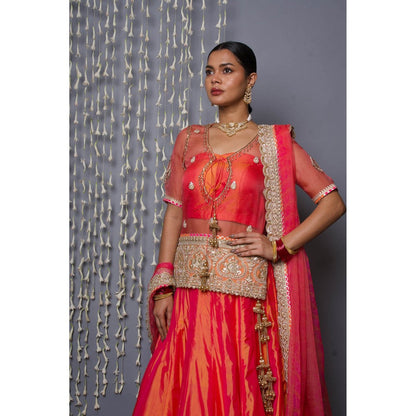 Shweta Dabas Orange Silk Lehenga with Blouse, Choli and Dupatta (Set of 4)