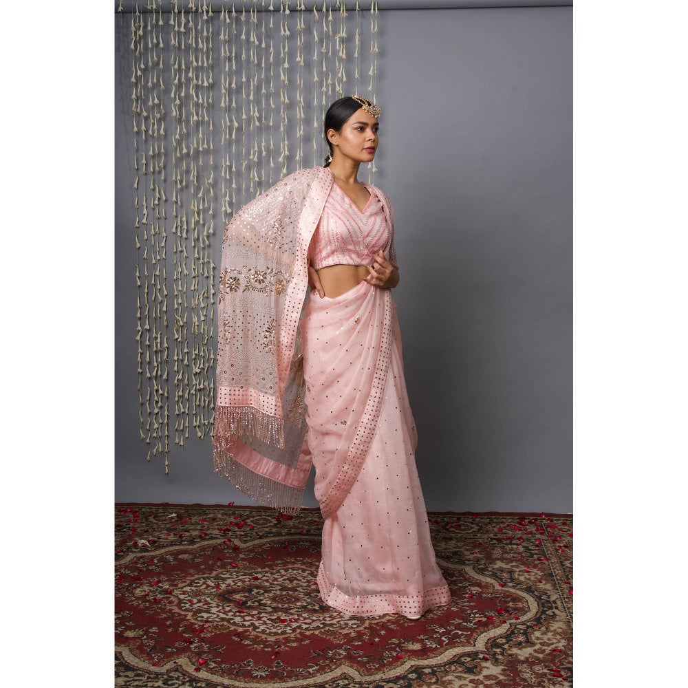 Shweta Dabas Pink Pure Silk Organza Saree with Stitched Blouse and Petticoat