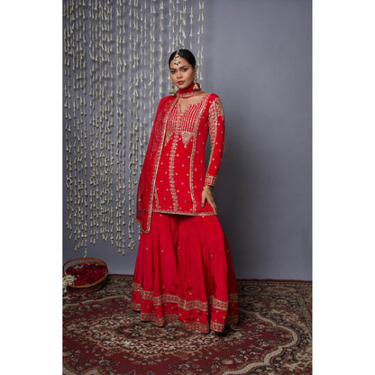 Shweta Dabas Red Sharara with Kurta and Dupatta (Set of 3)