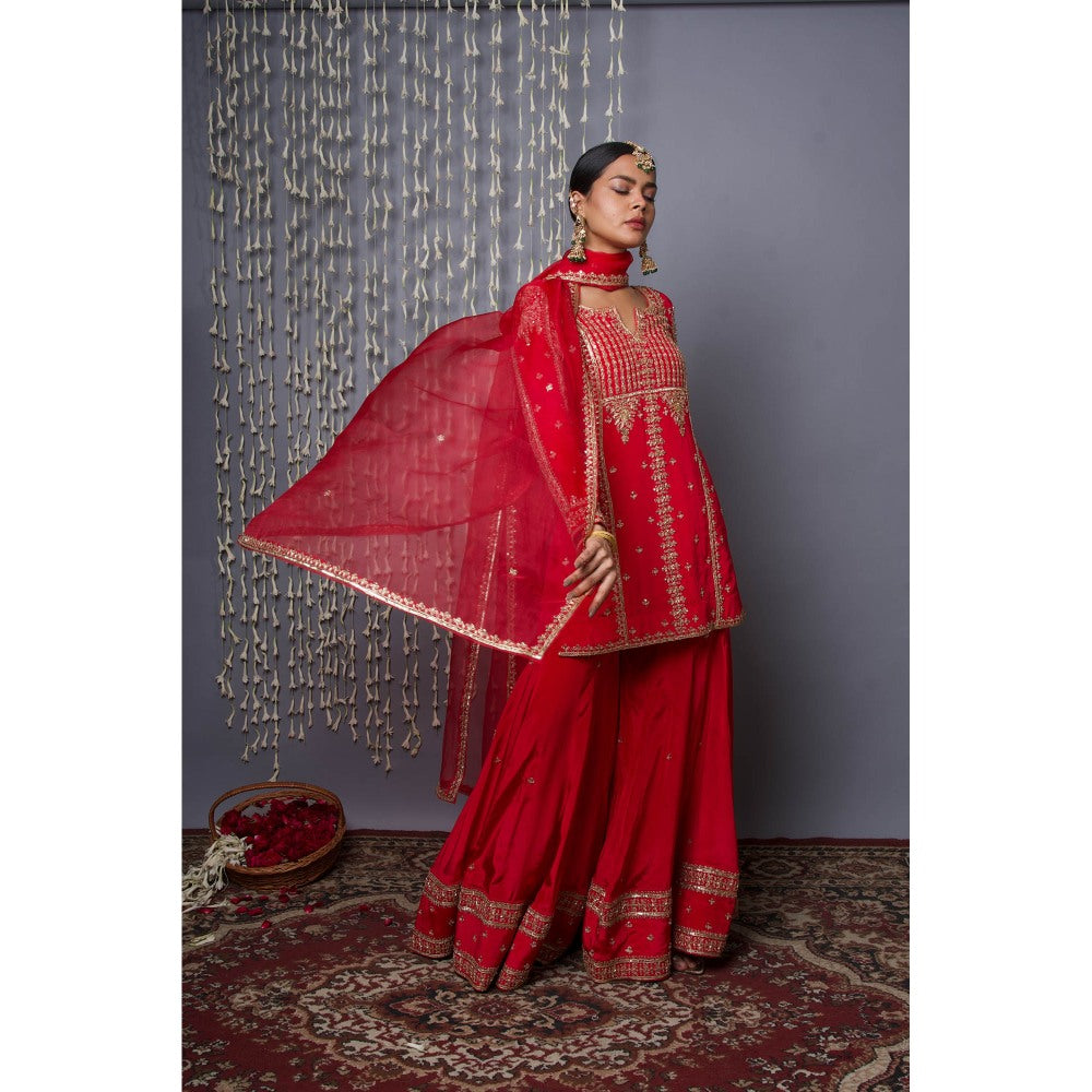 Shweta Dabas Red Sharara with Kurta and Dupatta (Set of 3)