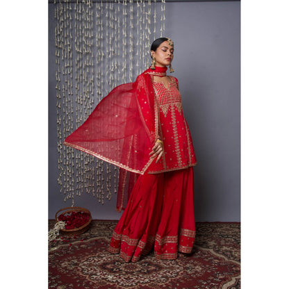 Shweta Dabas Red Sharara with Kurta and Dupatta (Set of 3)