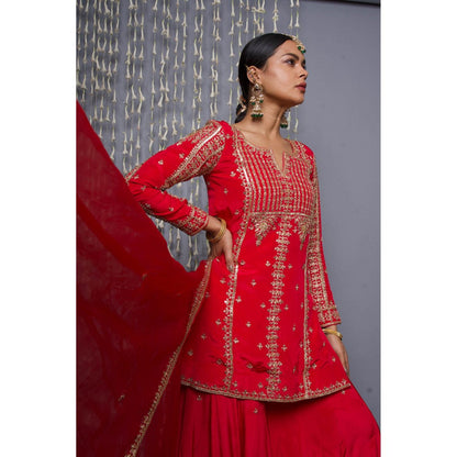Shweta Dabas Red Sharara with Kurta and Dupatta (Set of 3)