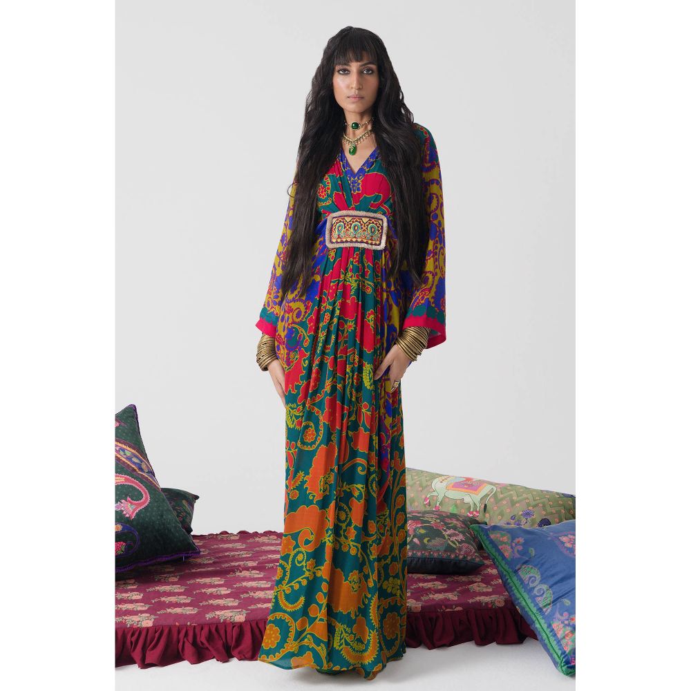 Siddhartha Bansal Emerald Royal Printed Belt Kaftan