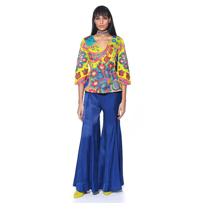 Siddhartha Bansal Lime Yellow 3D Embroidery Peplum Top with Sharara (Set of 2)