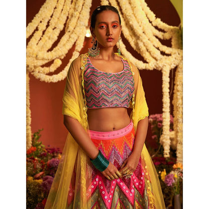 Siddhartha Bansal Signature Pink Chevron Embroidered Lehenga with Blouse & Dupatta (Set of 3)