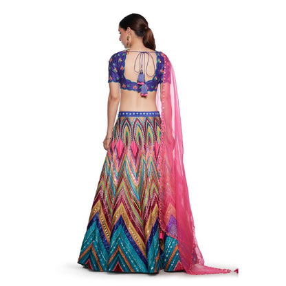 Siddhartha Bansal Signature Blue Chevron Embroidered Lehenga with Blouse & Dupatta (Set of 3)
