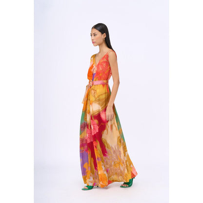 Siddhartha Bansal Multi-Colour Printed Preen Jumpsuit with Belt (Set of 2)