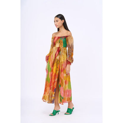 Siddhartha Bansal Multi-Colour Printed Red Velvet Dress
