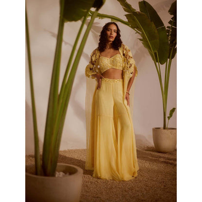 Silky Bindra Yellow Solana Cape with Bustier and Sharara (Set of 3)