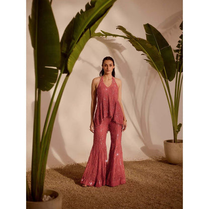 Silky Bindra Pink Viella Peplum Top with Sharara (Set of 2)