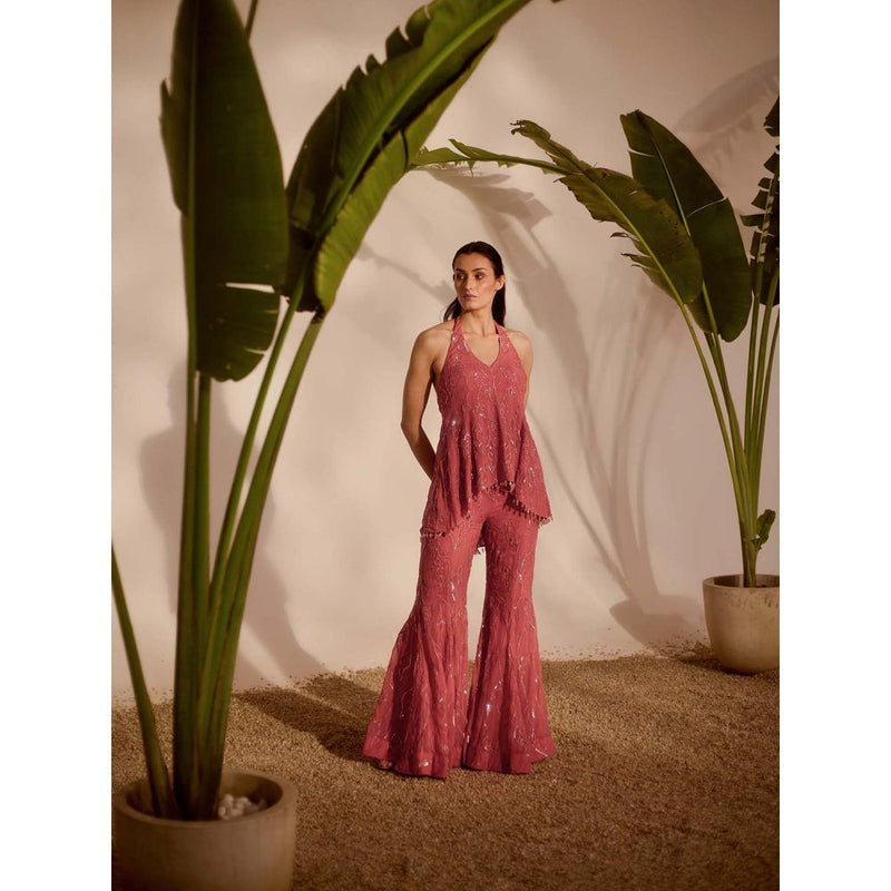 Silky Bindra Pink Viella Peplum Top with Sharara (Set of 2)