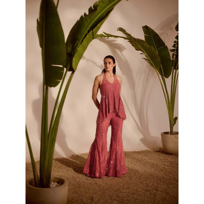 Silky Bindra Pink Viella Peplum Top with Sharara (Set of 2)