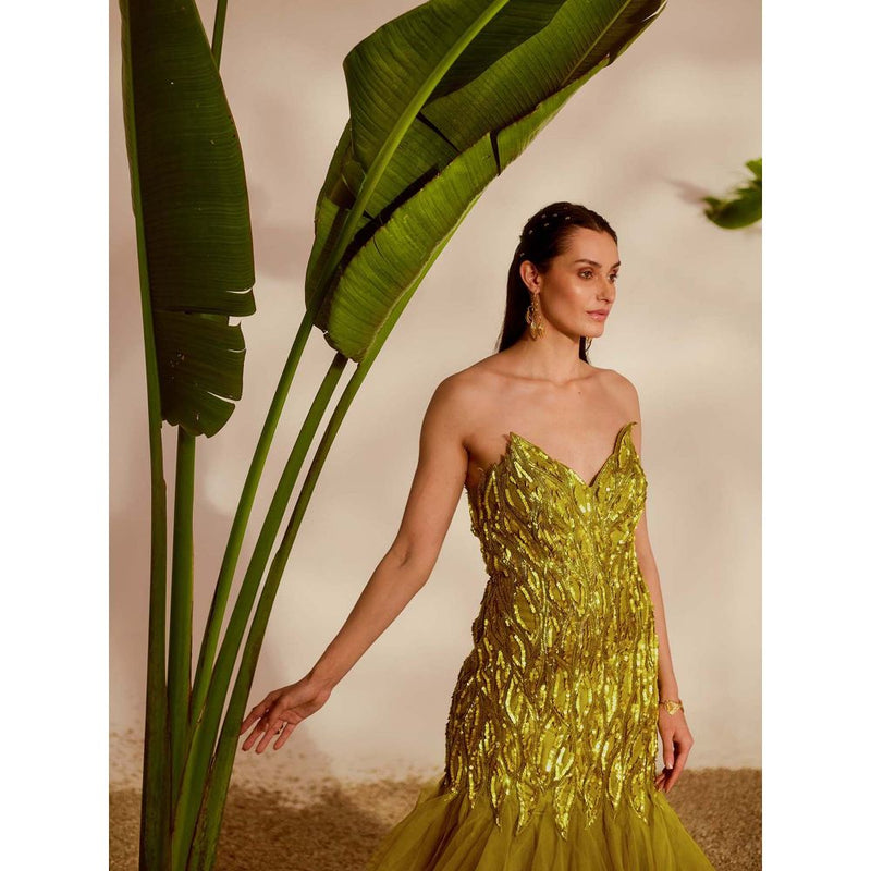 Silky Bindra Green Fauna Applique Gown